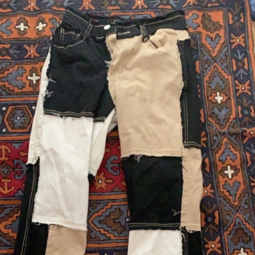 Brown, white and black patchwork denim never worn
